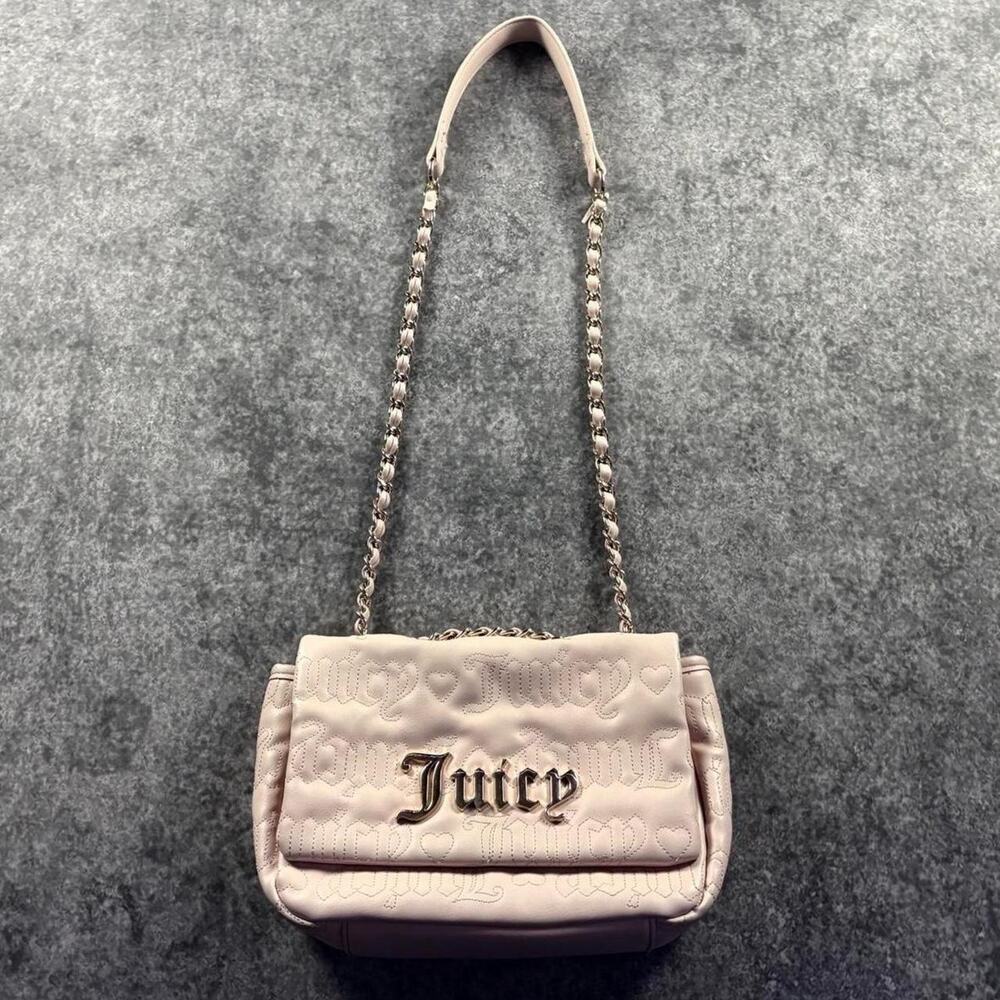 Juicy Couture Pink Quilted Gothic Logo Heart Chain Shoulder Bag Y2K Faux Leather